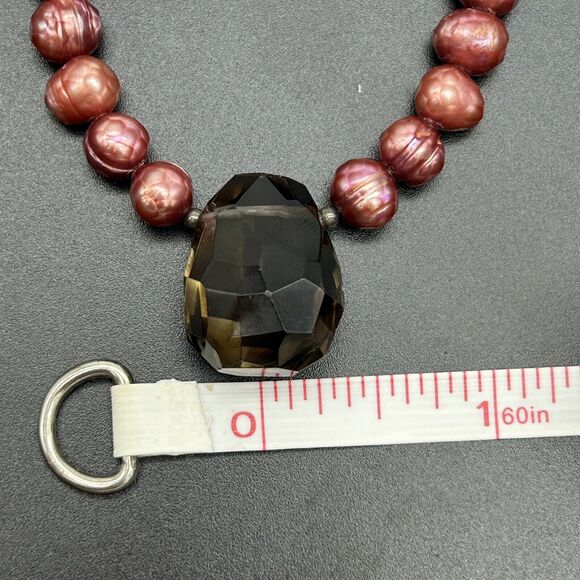 Smokey Quartz Boroque Red Fresh Water Pearl 925 Sterling Silver Necklace - Picture 12 of 13